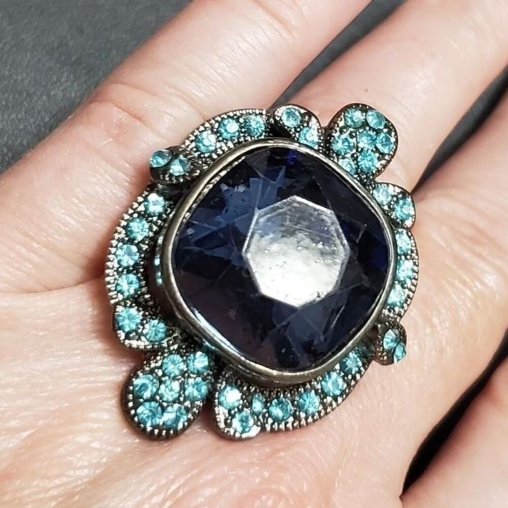 Large blue rhinestone ring adjustable statement